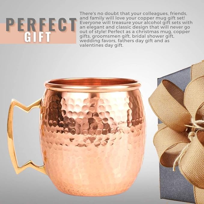 [Gift Set] Moscow Mule Copper Mugs Set of 24 (16oz) w/Straws & Jigger | 100% Pure Copper Cups, Tarnish-Resistant Food Grade Lacquered Finish, Ergonomic Handle (No Rivet) w/Solid Grip