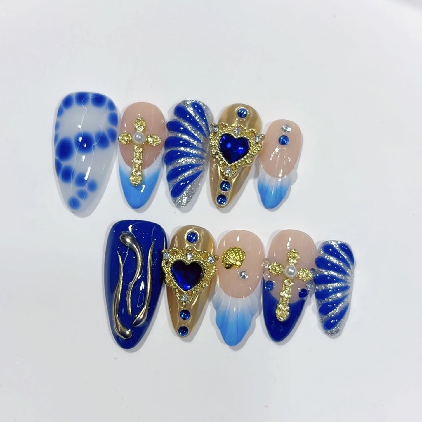 10Pcs Handmade Almond Press on Nails Acrylic Medium Fake Nails Blue French Tip False Nails with Golden Seashell Heart Rhinestone Design Glitter Artificial Stick on Nail for Women Handmade Nail (S)