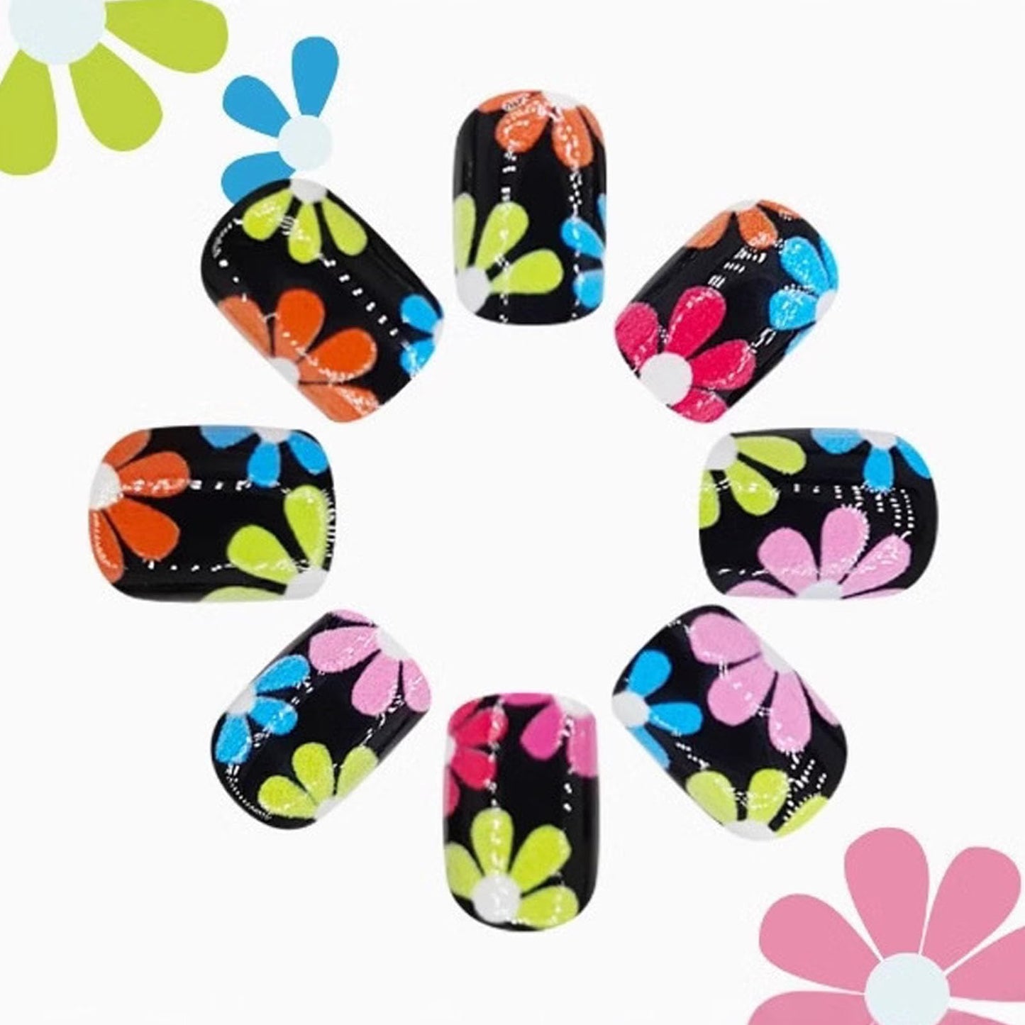 Spring Press on Nails Short Square False Nails Press ons Black Acrylic Glue on Nail with Colorful Flowers Design, Black Full Cover Set Artificial Cute Manicure Stickers for Women 24Pcs