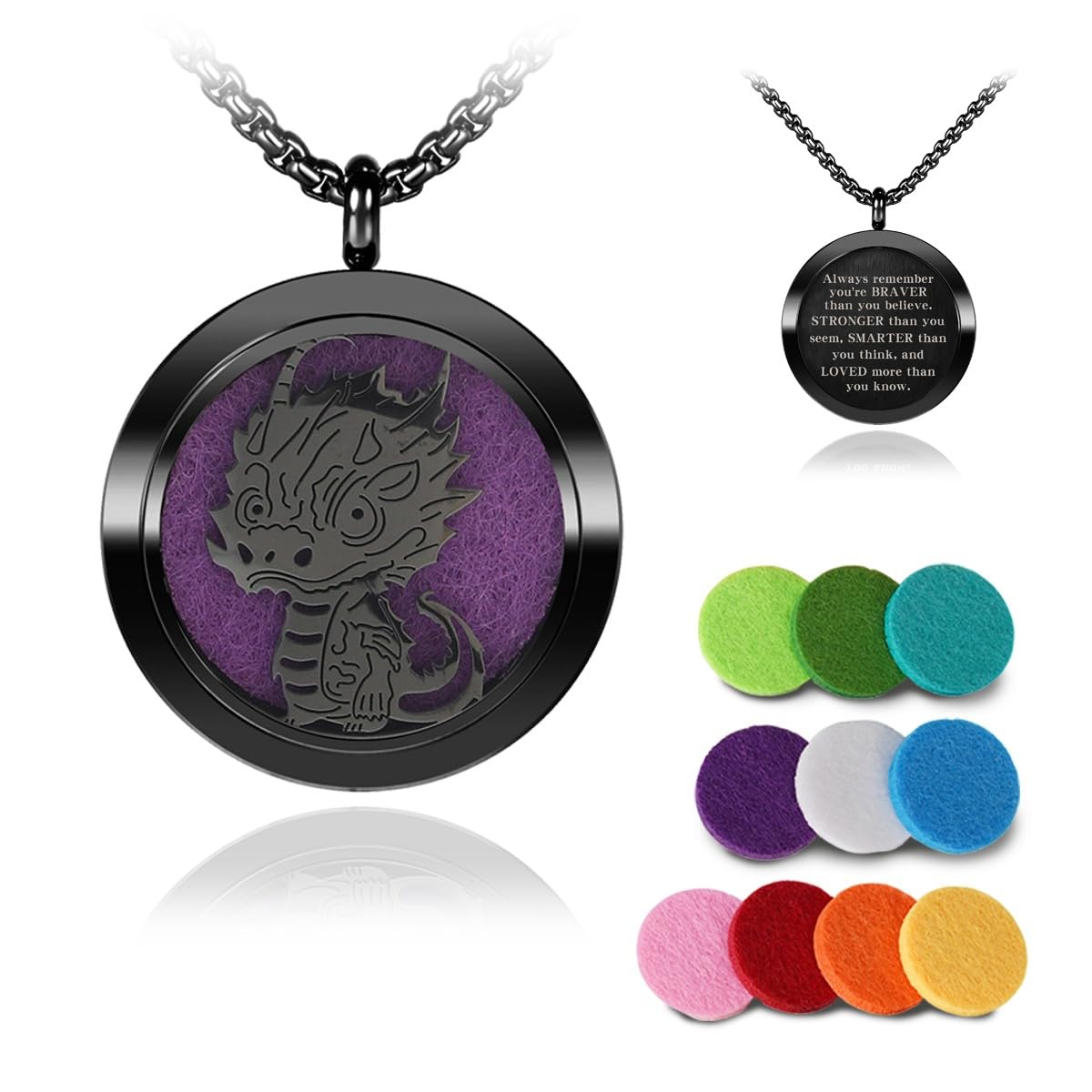 Aromatherapy Diffuser Necklace-Dinosaur Essential Oil Necklace,Aromatherapy Diffuser Pendant for Men and Women,Portable,Suitable for Yoga,Meditation,Travel,Stress Relief Gift(Black30mm)