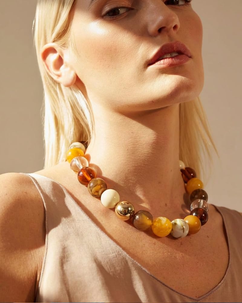FAUTHENTICUTE Chunky Beaded Statement Necklace for Women Boho Choker Necklace with Brown Tone Resin Beads Summer Beach Jewelry Gifts