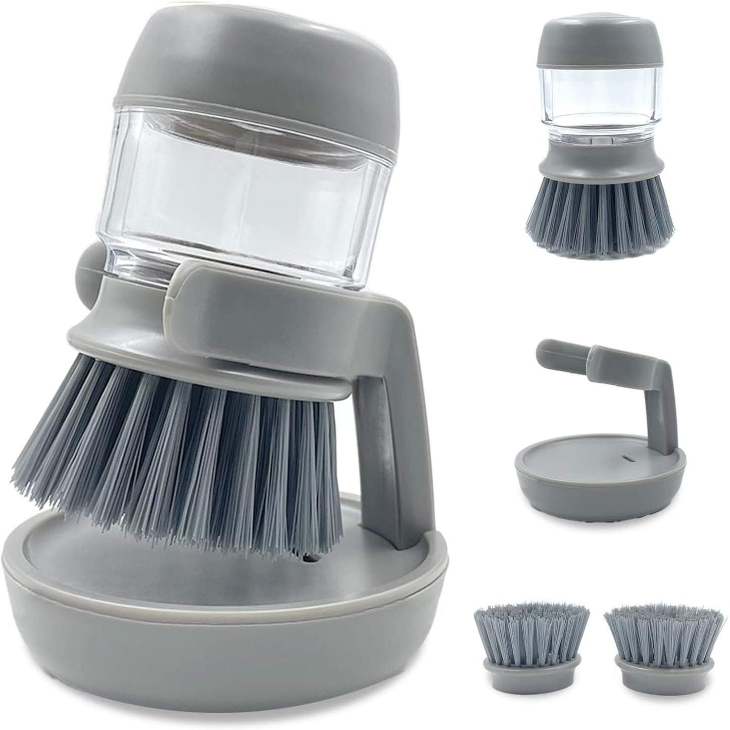 Good Grips Soap Dispensing Palm Brush, Dish Scrub Brush, Kitchen Brushes for Dishes, Kitchen Brush with Holder for Pot Pan Sink Cleaning (Gray)