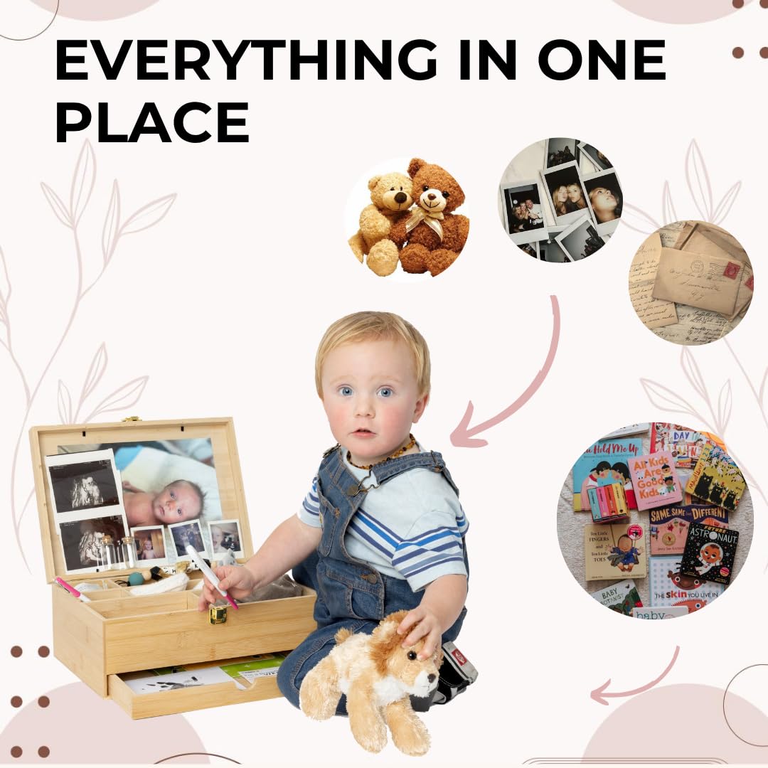Baby Keepsake Box with 5 Additional Memory Items – Bamboo Memory Box for Baby Girls & Boys – Handprint Kit, Milestone Discs, Photo Corners, Glass Vials, Burlap Bag