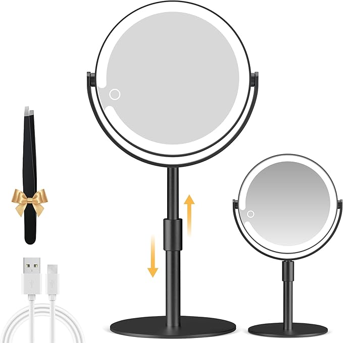 Magnifying Mirror with Light 20X, Height-Adjustable Lighted Makeup Mirror with Magnification, Double - Sided Aluminum Alloy LED Mirrors, 3 Lighting Modes Ideal for Bathroom Make-up, Black