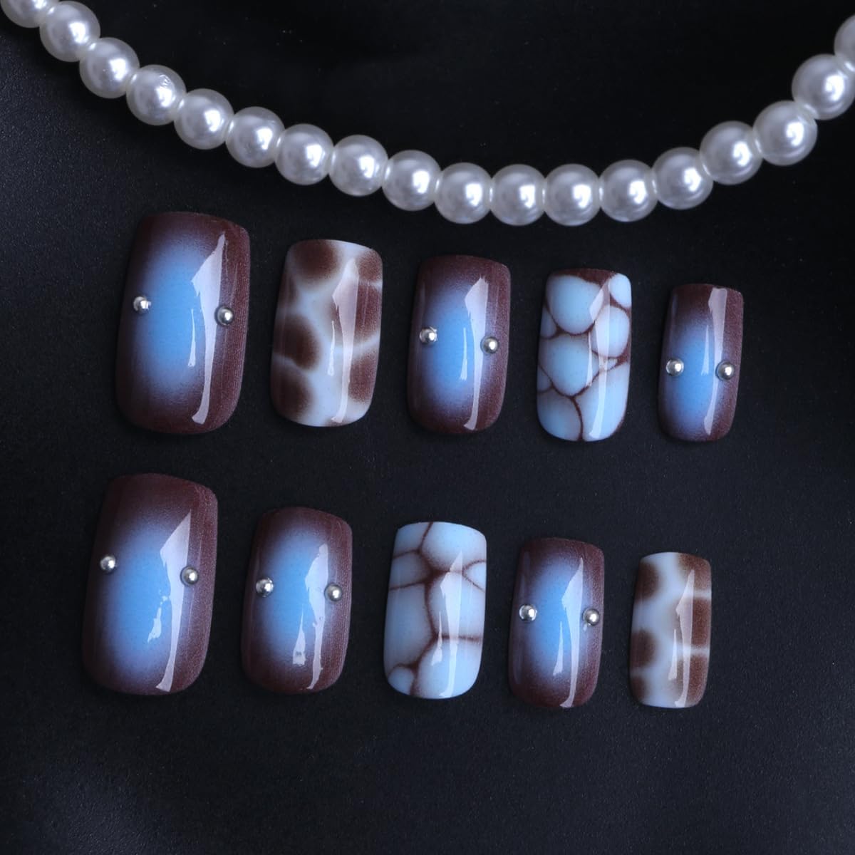 plalely Square Press on Nails Medium Blue Fake Nail Turtle Print Acrylic Nail Press ons With 3D Charm Stick on Nail for Women 24pcs