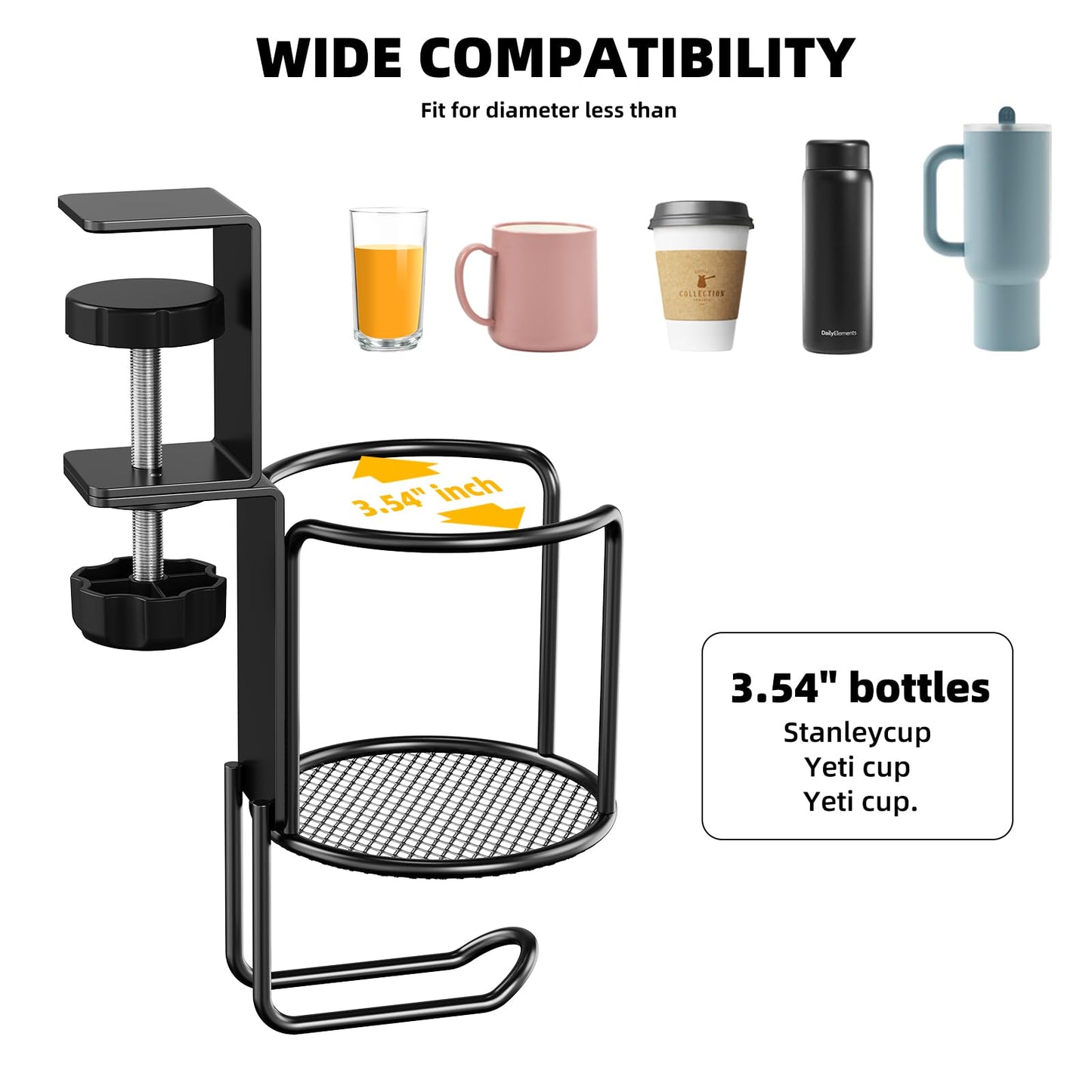 CABTE 2 Pack 2 in 1 Desk Mug Hooks with Headphone Hanger Holder, Anti-Spill Clip-On Table Mug Hooks with 360° Rotation for Lawn Chair, Office Home Gaming Table