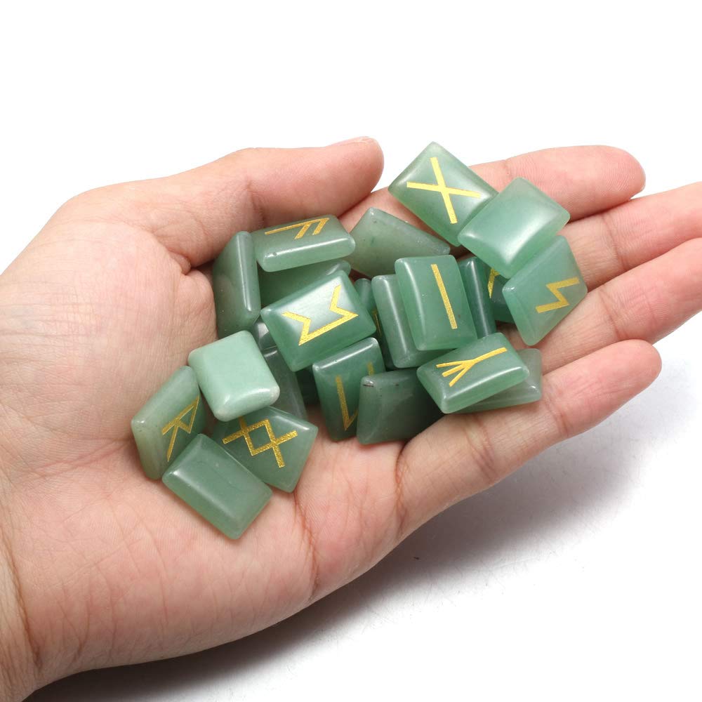 Zotoone Rune Stones Set with Engraved Elder Futhark Alphabet Natural Runes Stones Crystal Meditation Divination Healing Chakra Reiki Green Aventurine (1 Flax Cloth Bag)