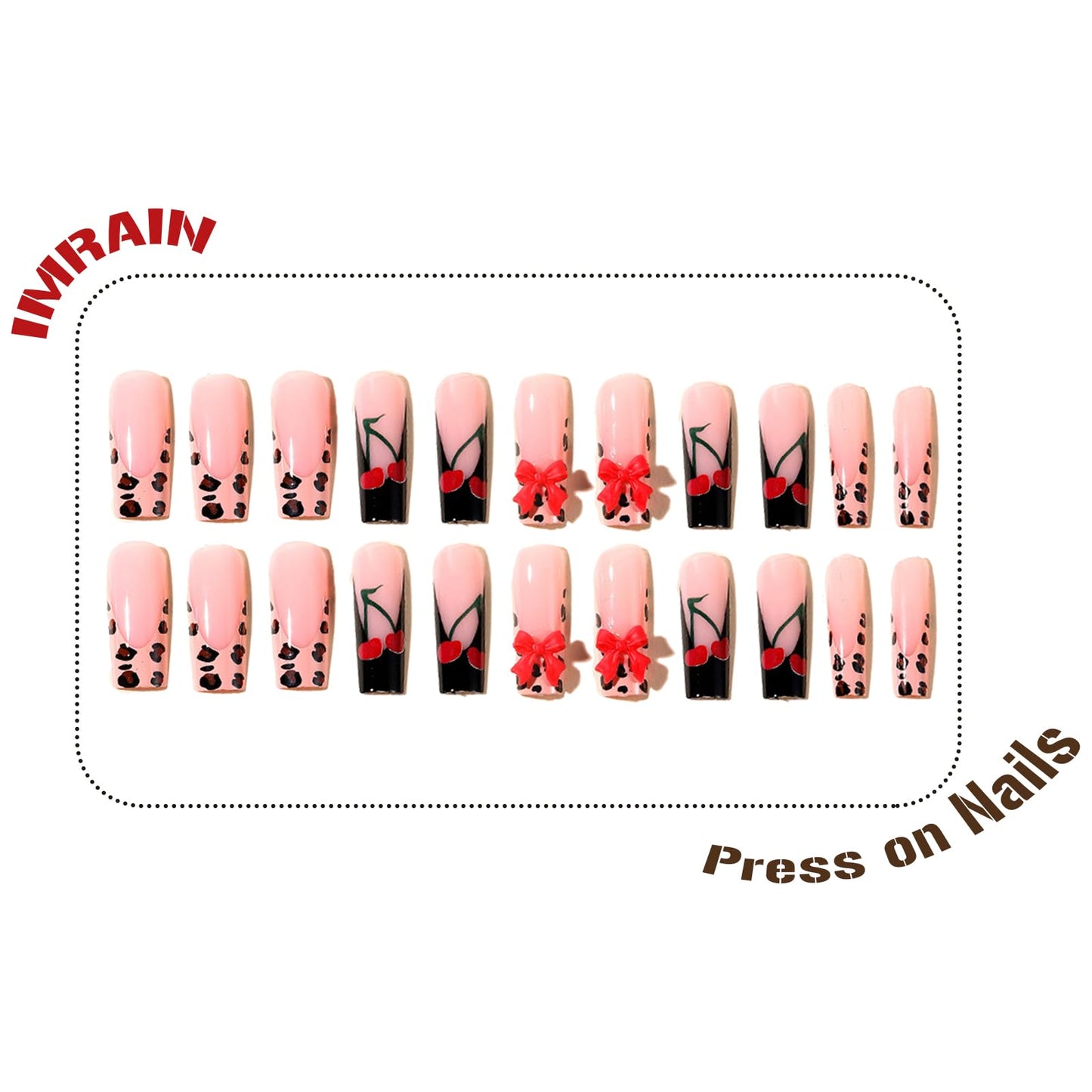 IMRAIN Long Press on Nails Square Fake Nails Black French False Tip with Bow & Cherry Design Leopard Print Glossy Artificial Acrylic Nails for Women Manicure 24Pcs