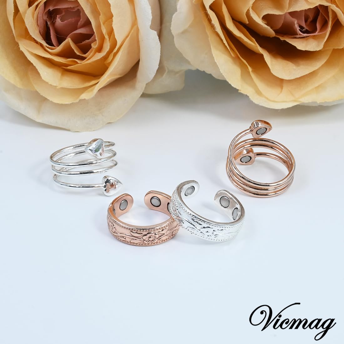 Vicmag Copper Magnetic Ring for Women, Magnetic Rings Ladies Fingers Thumb 100% Solid Pure Copper Jewelry Gift Adjustable(4PCS Flower & Love)