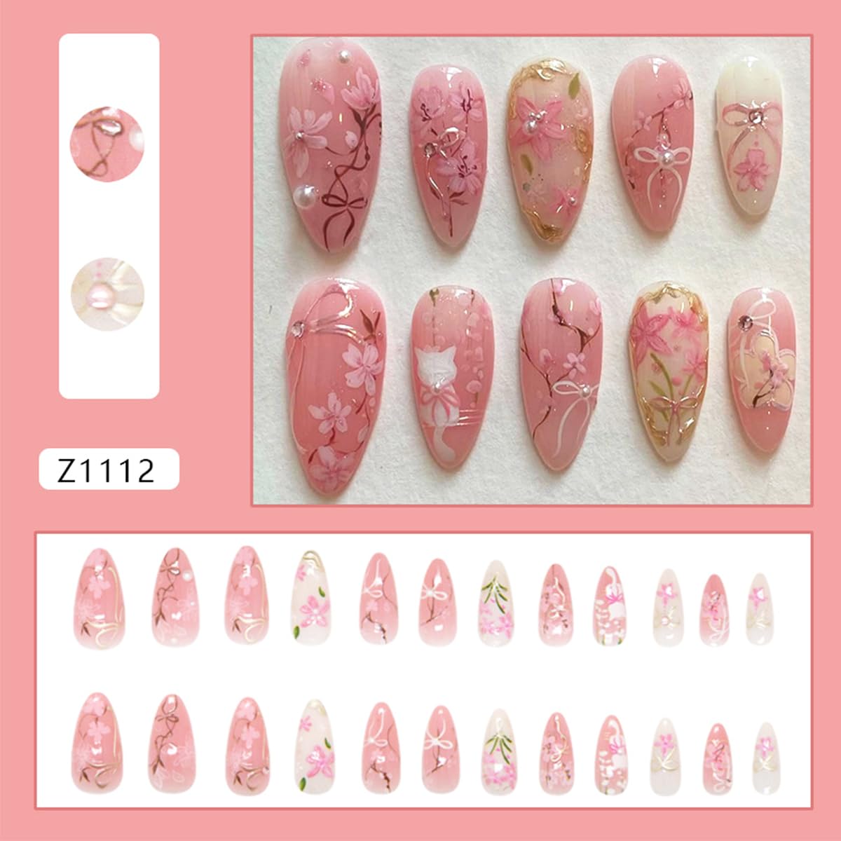 24Pcs Cute Spring Floral Press on Nails Medium Almond Fake Nails Pink Cherry Blossom Bow False Nails with Pearl & Cat Design Reusable Acrylic Glue on Nails for Women Summer Party Manicure Decorations