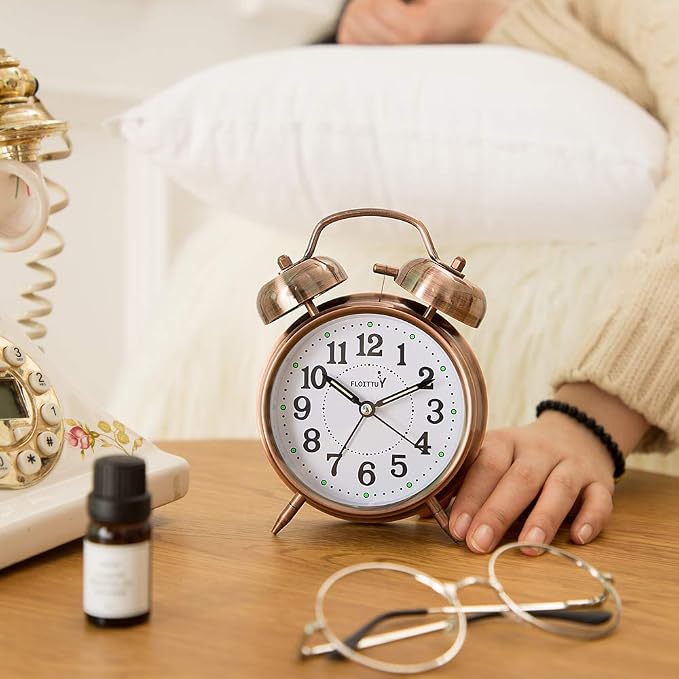FLOITTUY {Loud Alarm for Deep Sleepers) 4'' Twin Bell Alarm Clock with Backlight for Bedroom and Home Decoration(Red-Brown)