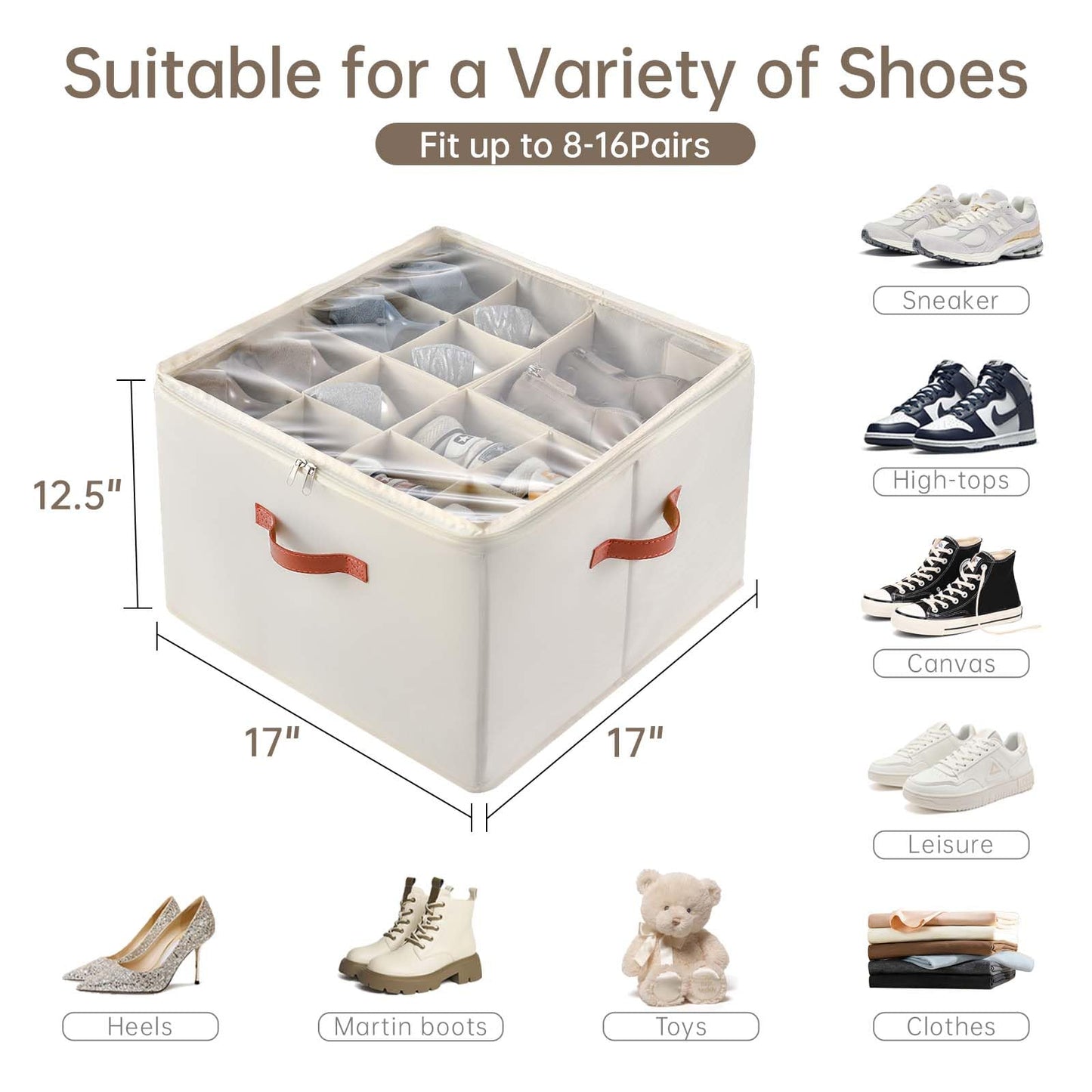 INSTY Shoe Organizer for Closet, 2 Pack Foldable Shoe Storage Containers, Fits up to 16-32 Pairs, Adjustable Dividers for Shoe Organizer, Fabric Shoe Storage Bins with Clear Cover, Beige