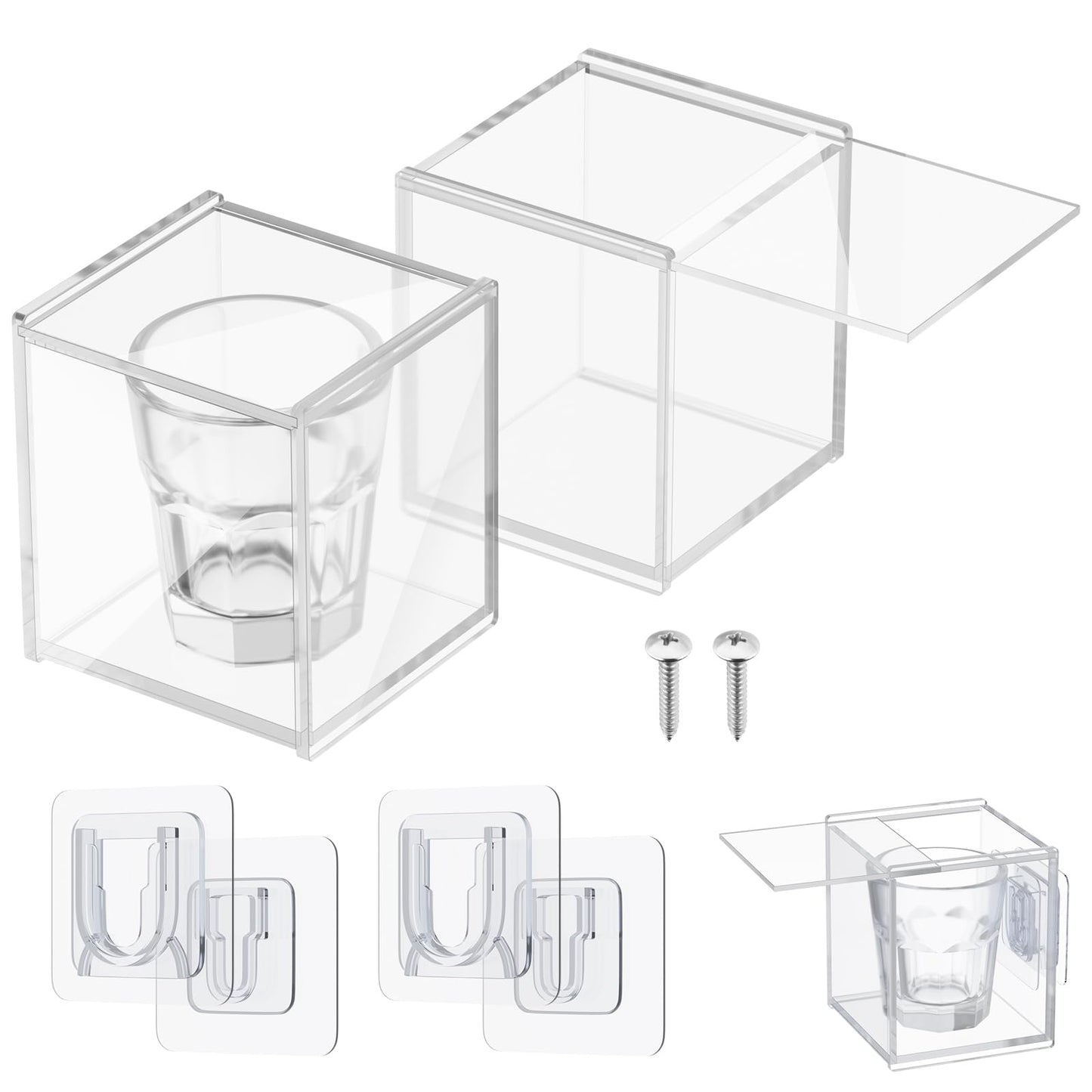 Cosmos 2 Pack Acrylic Shot Glass Display Case Wall Mounted Storage Box Clear Shot Glass Display Holder with Sliding Cover, Small Wine Cup Organizer for Collectibles, Models, Mini Figures