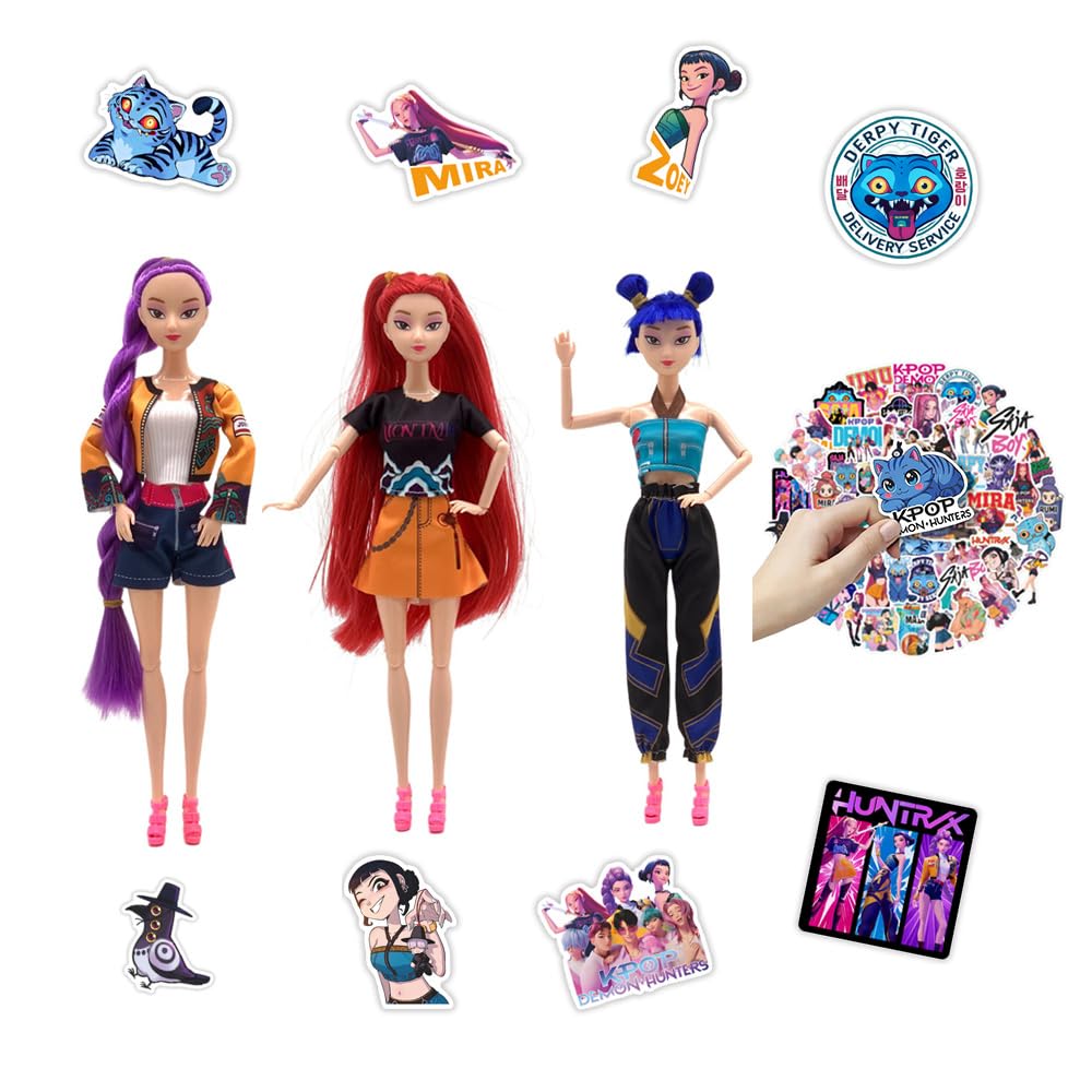 Duende 3Pack Demon Hunters Toys Set, Demon Hunters Dolls Set, 11.5-inch Poseable Dolls with Movable Joints, 50 Stickers Included Suitable for Fans and Kids Game Gift
