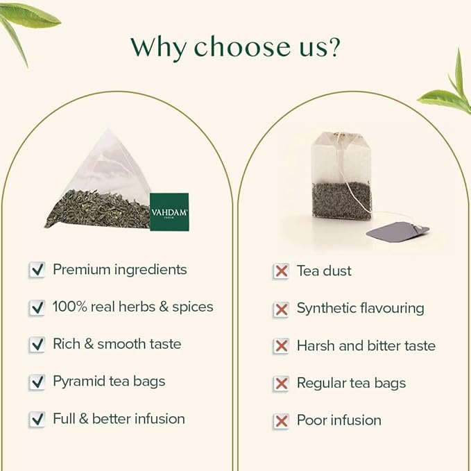 VAHDAM, Decaf Himalayan Green Tea Bags (100 Pyramid Tea Bags) Caffeine Free, Gluten Free | High Grown Decaf Green Tea | Resealable Ziplock Pouch | Pyramid Tea Bags