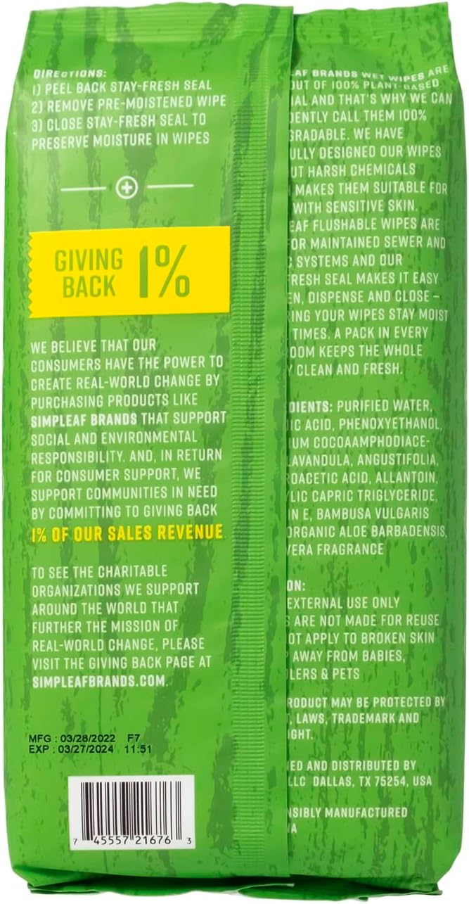 Simpleaf Flushable Wet Wipes Aloe Vera | Plastic Free, Paraben & Alcohol Free | Hypoallergenic & Safe for Sensitive Skin | Soothing Aloe Formula | Adult Toilet Wipes (6 x 50 Counts Pack) 300 Counts