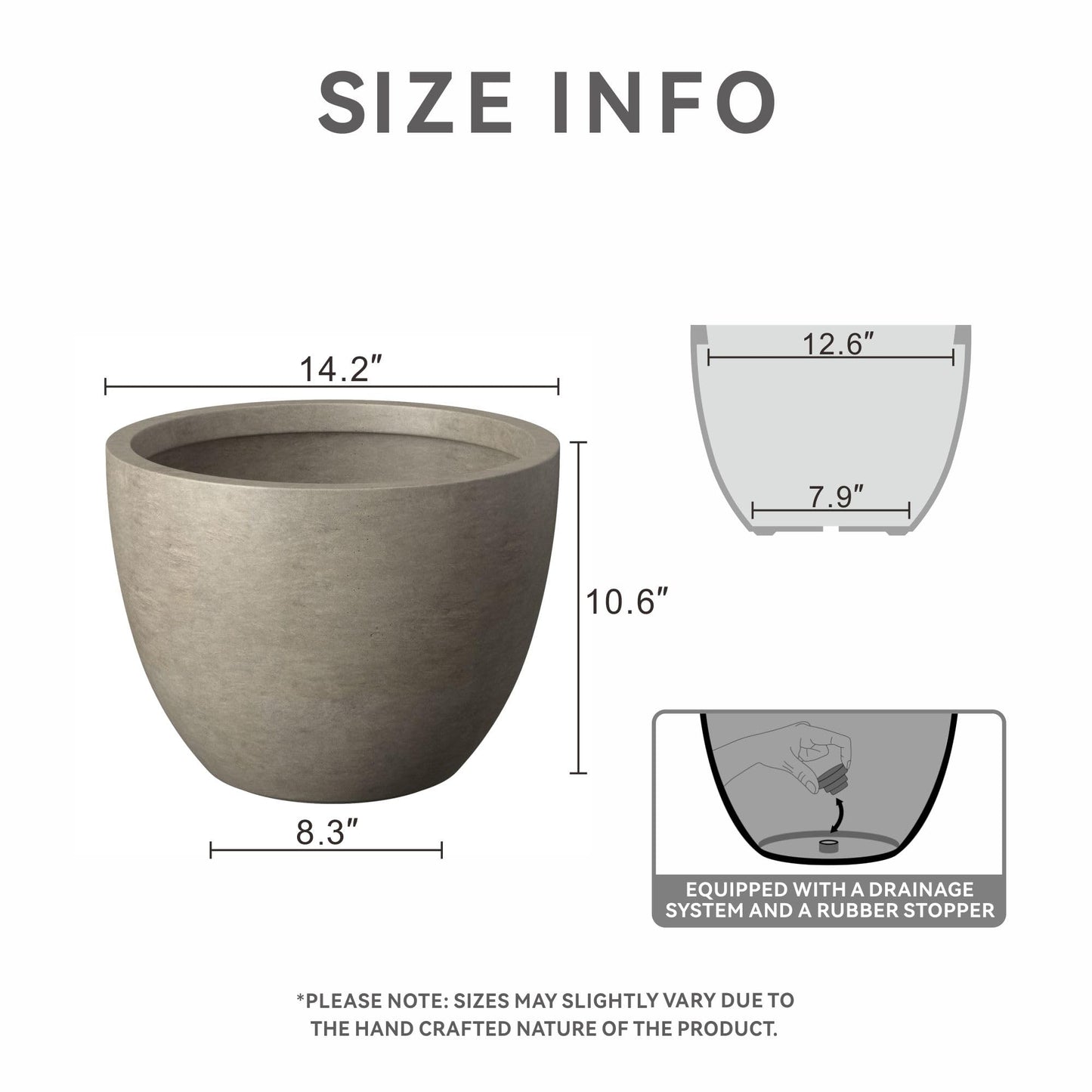 Kante 14.2 Inch Round Concrete Planter - Classic Large Indoor/Outdoor Plant Pot with Drainage Hole and Rubber Plug, Suitable for Gardens and Patios, Weathered Concrete