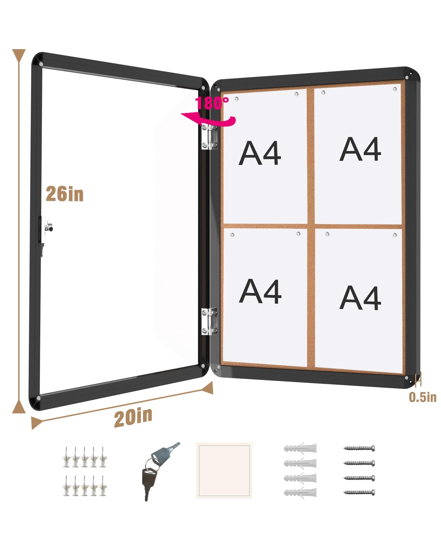 Mifuro 26"x20" Enclosed Bulletin Board, Lockable Weather-Resistant Aluminum Cork Noticeboard for School & Office, Black Frame w/Cork