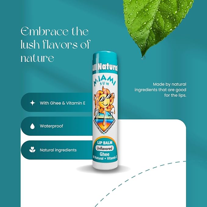 Miami Sun Natural Ghee Lip Balm, Hydrating Lip Treatment with Shea Butter & Beeswax, Organic & Non-Toxic, Best for Dry, Chapped Lips - Moisturizing, Healing, Chemical-Free Lip Care (20 Count, Variety)