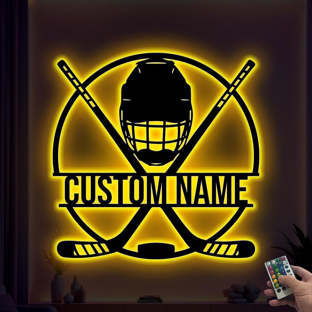 Hockey LED Wall Art with Remote – Custom Name Light Up Sign for Boys Room, Unique Gift for Hockey Players, Sports Lovers, Fans, Coaches, Man Cave, Hockey Wall Décor