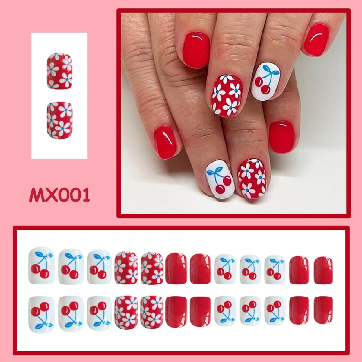 Red Press On Nails Short Square Fake Nails Flower With Cherry Design Spring False Nails Glossy Full Cover Acrylic Glue On Nail Artificial Stick On Nail For Women 24pcs