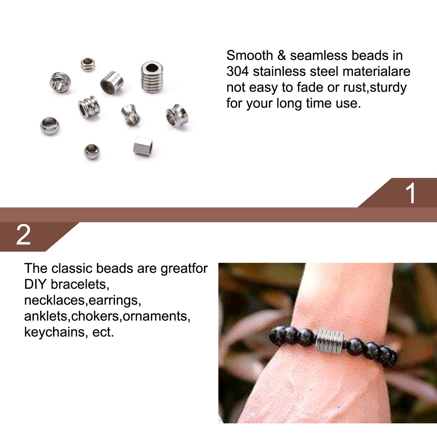Fashewelry 50pcs Column Rondelle European Beads Large Hole Stainless Steel Loose Beads Assorted Tube Drum Spacer Finding Beads for Macrame Braided Necklace Choker Bracelet Earring Making