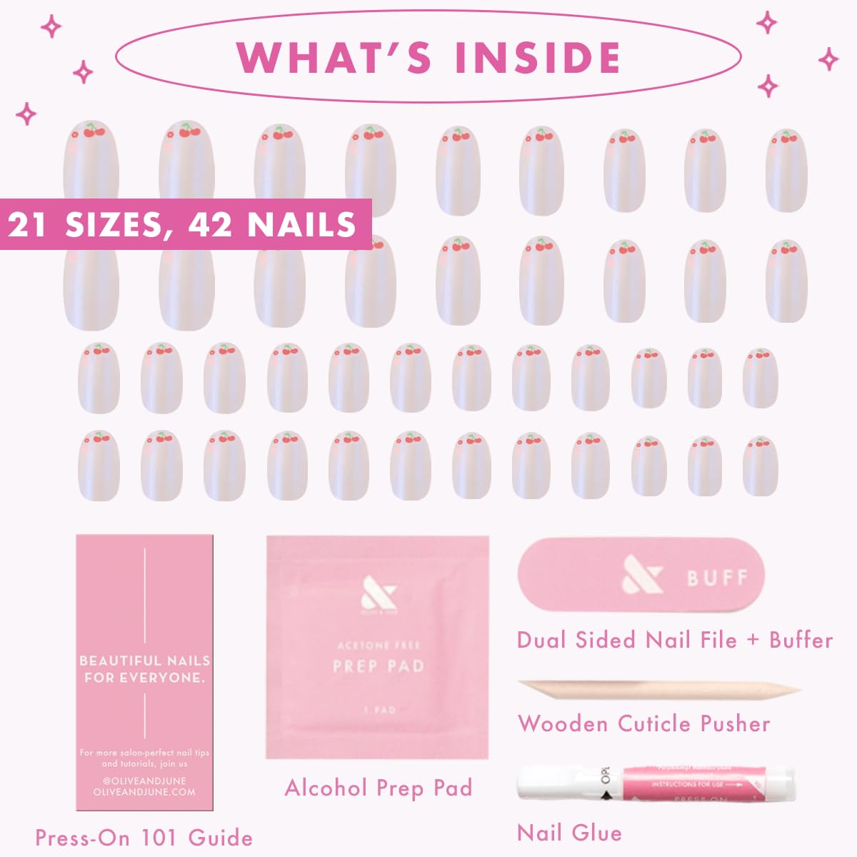 Olive & June Maximalist Instant Mani Press-On Nails (Glue) | 42 Fake Nails, 21 Sizes | Non-Toxic, Long-Lasting Big, Bold Gorgeous Realistic Look | Medium, Oval | Cherry Floral Chrome French