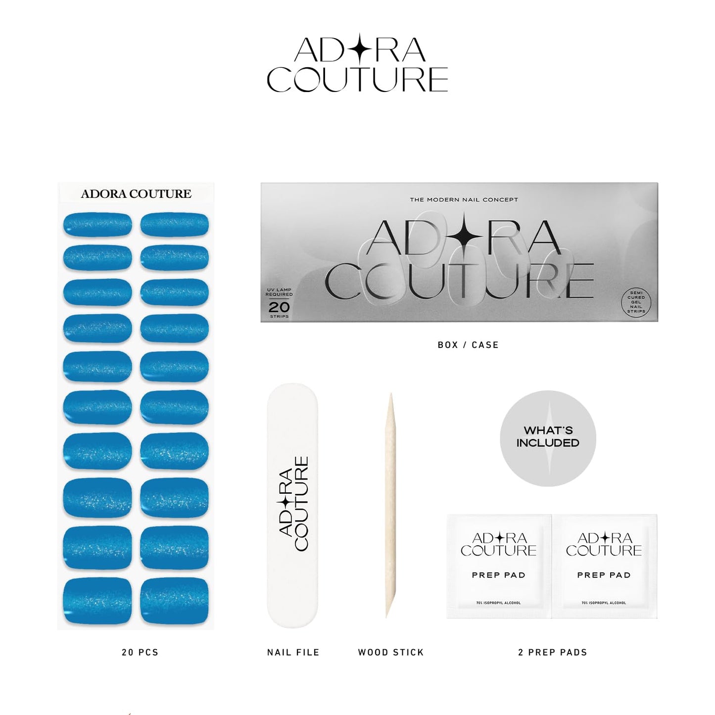 Adora Couture Semi Cured Gel Nail Strips with 20 Pieces - UV Gel Stickers, Manicure Kit, Easy Application Wraps Includes Prep Pads, Nail File, Wooden Stick - UV Light Required (Velvet Sapphire)