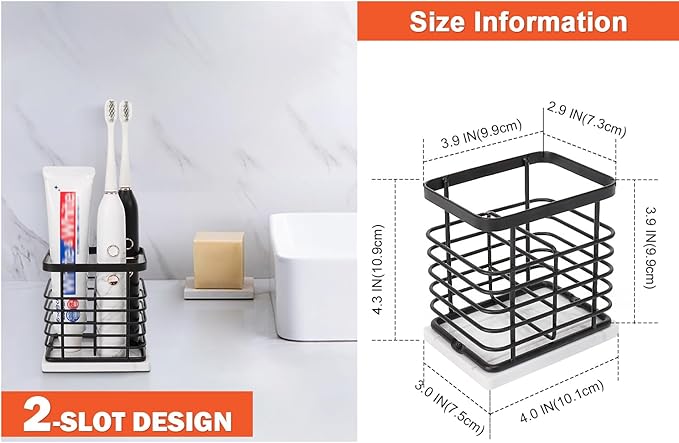 HarJue Toothbrush Holder, Luxurious Metal Toothbrush Toothpaste Holder with Marble Base for Bathroom, Multi-Slots Openwork Design, Bathroom Accessory for Storage and Organizer (Small, Matte Black)