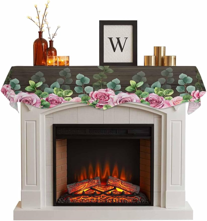 Spring Pink Roses Fireplace Mantel Scarf Table Runner, Pastoral Eucalyptus Leaves Brown Wooden Winter Garland Mantel Top Tablerunners Dresser Scarves Cover for Windows Party Living Room 70''x17''