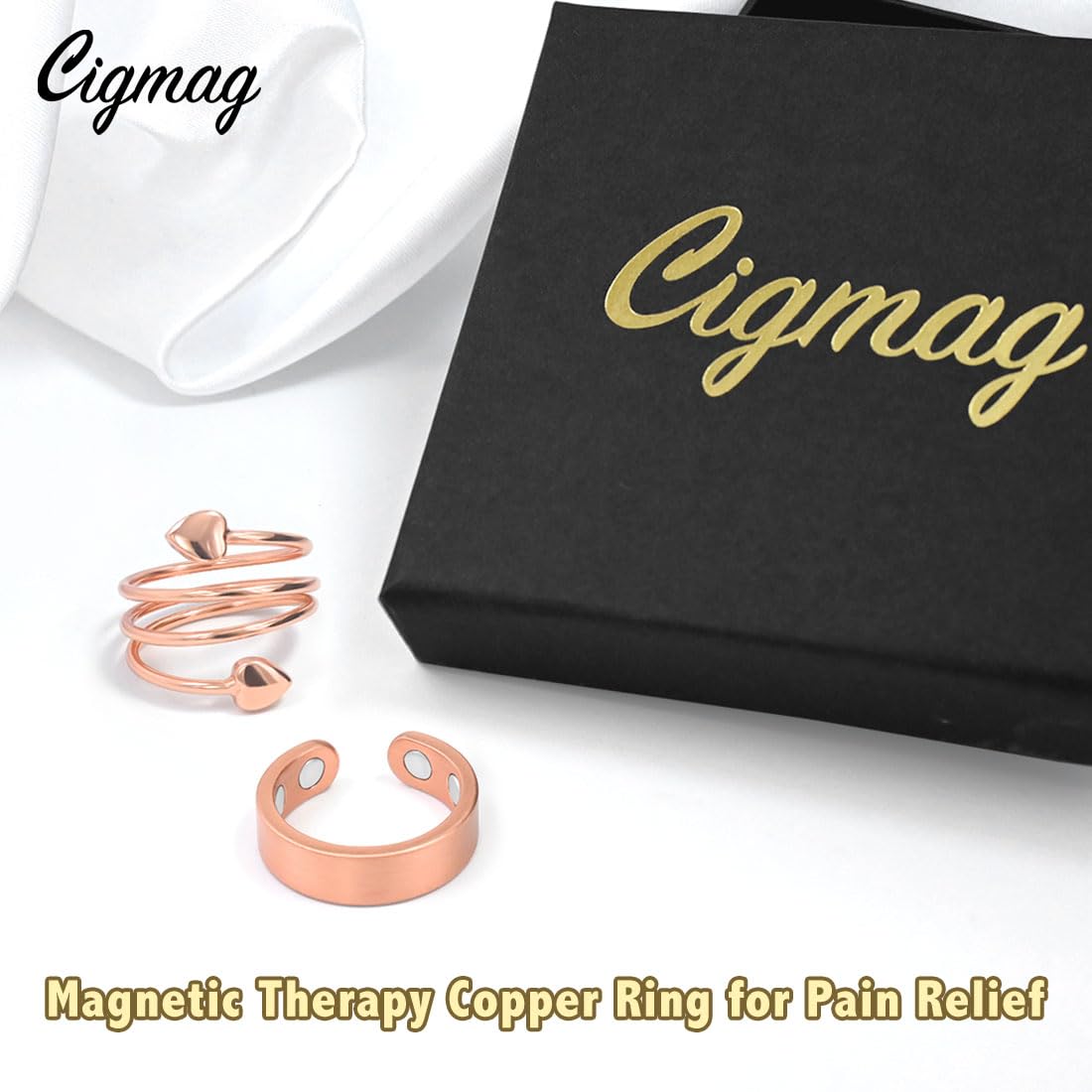 Cigmag 9X Magnetic Rings for Women, with Powerful Magnets, Adjustable Solid Pure Copper (Copper Matte & Heart)