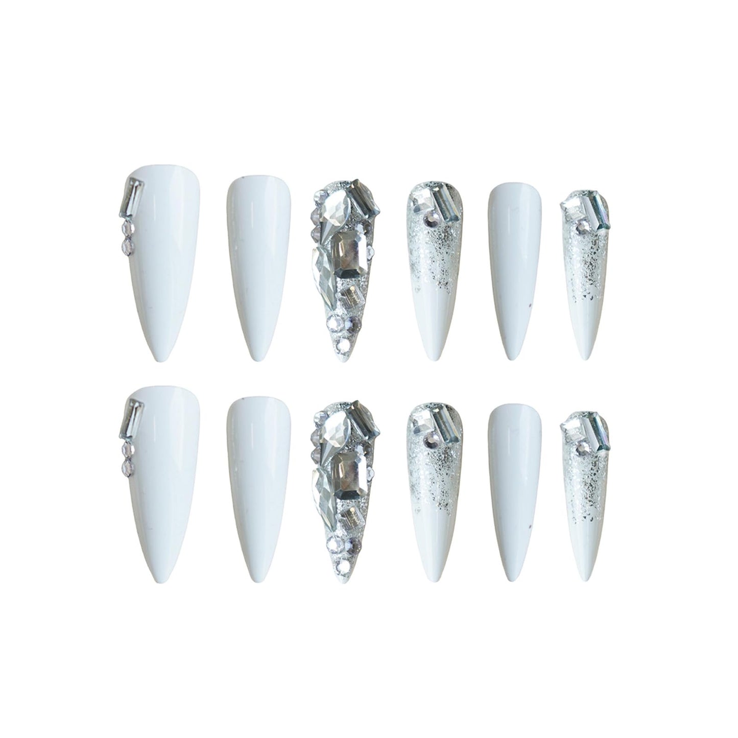 SINHOT Luxury Rhinestone Acrylic Glossy Glue on Nails - White Almond Artificial Stick on False Nails with Design 24 pcs