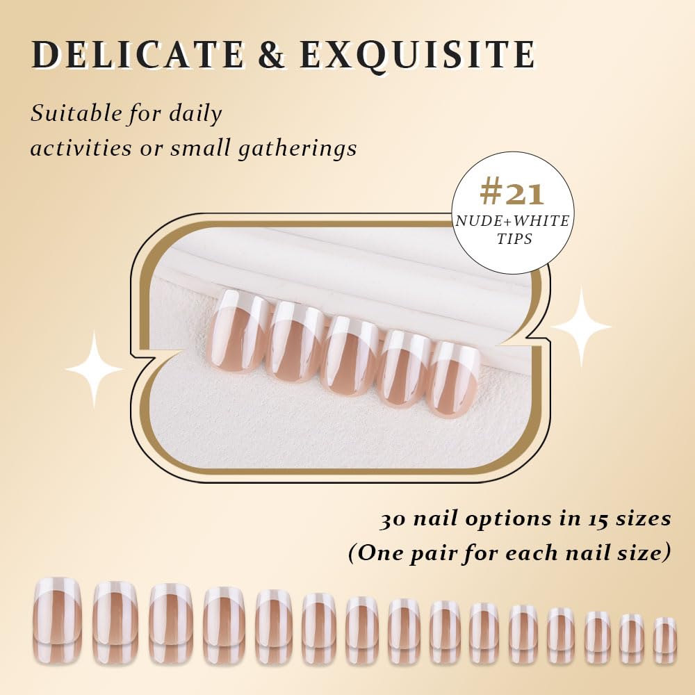 evpct French Tip Press On Nails Short Square, Nude Brown + White Tips, Chrome Glazed Glossy Short Square Fake False Press on Nails, Reusable Gel Stick on nail Press ons with Nail Kit, Salon Quality