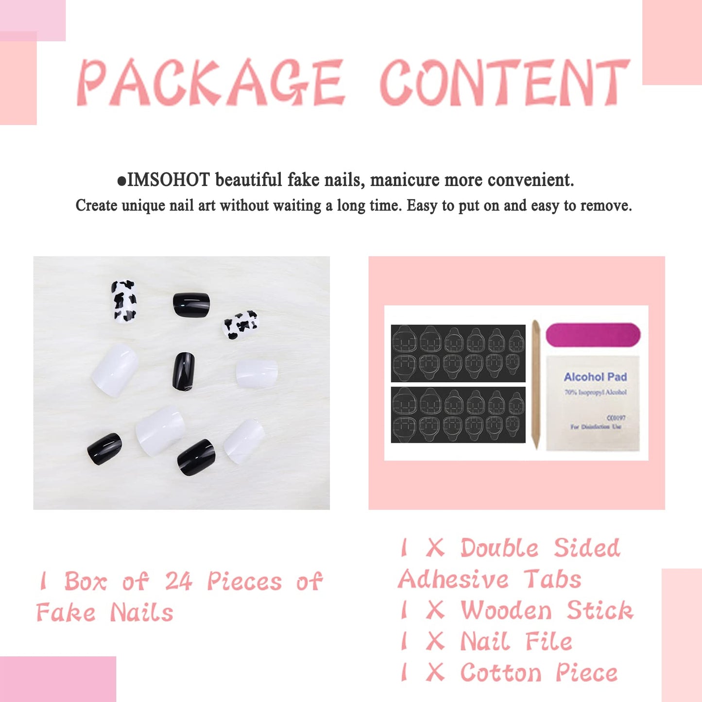 IMSOHOT Glossy Square Press on Nails Short Squoval Cow Print Cute Black False Full Cover Glue on Nails for Women & Girls