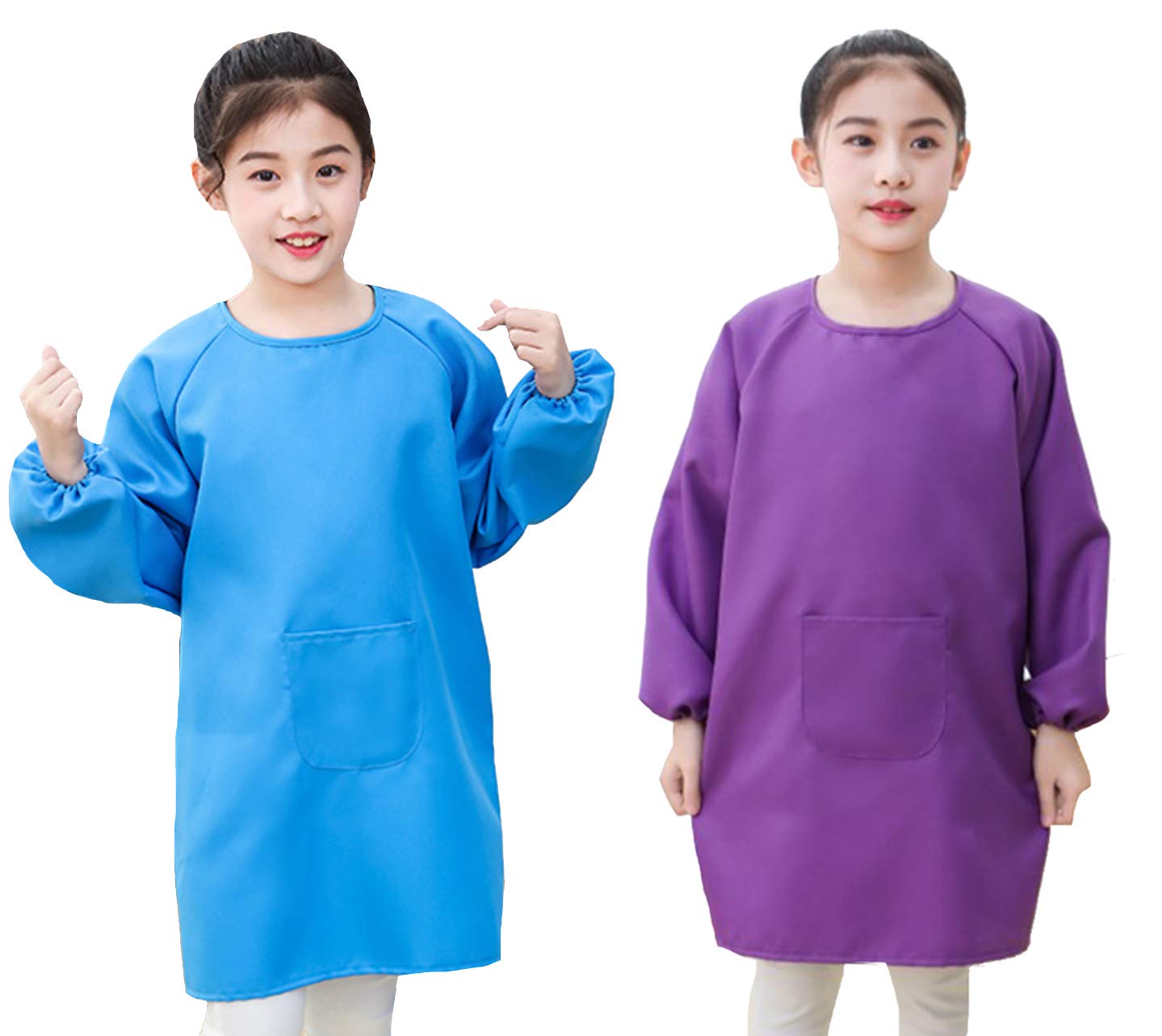 Lauthen.S 2 Pack Kids Art Smocks,Artist Painting Aprons Long Sleeve with Pocket for Toddler 4-8 Years(Blue/Purple)