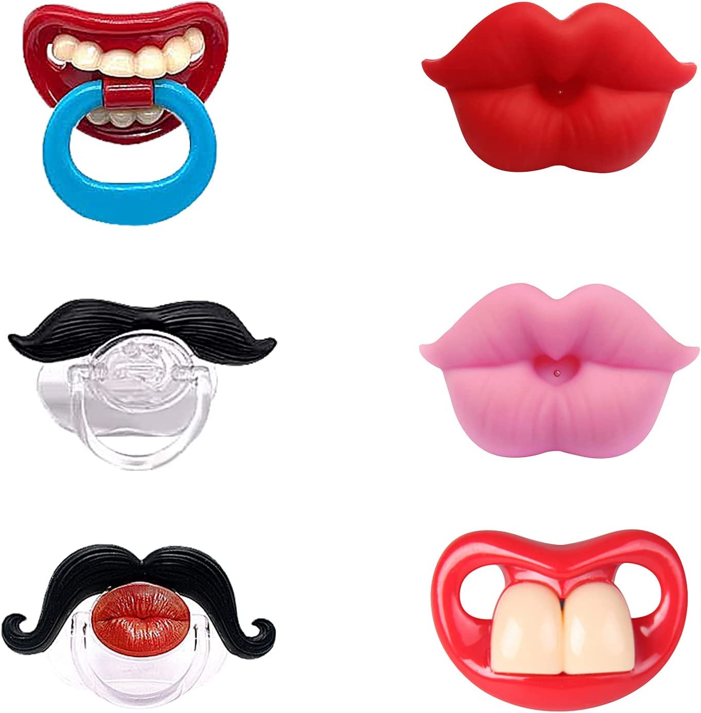 6PCs Funny Pacifier Infant Cute Kissable Lips and Gentleman Mustache Soft Silicone Design for Babies and Toddlers Shower Gift Unisex-BPA Free