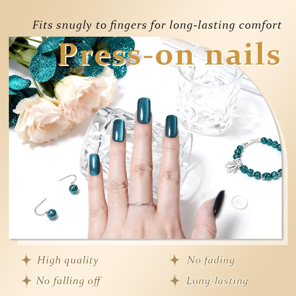 Teal Green Cat Eye Press on Nails Medium Square, Medium Square Press Stick on Nails Chrome for Women Gift, Green Holographic Glitter Glossy Reusable Soft Acrylic Fake Nail with Cateye Effect Design