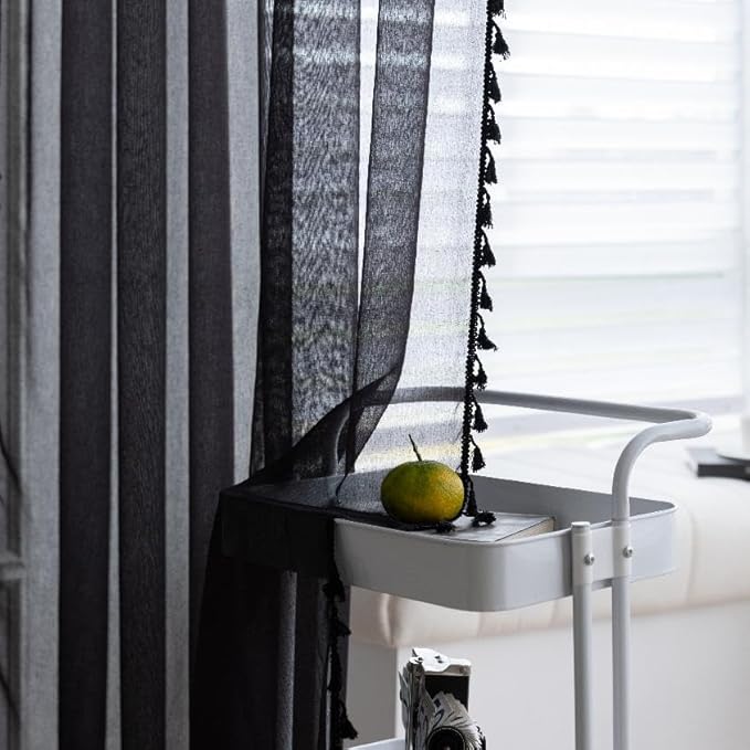 Black Sheer Curtains 102 inch Long, Fringed Edges and Textured Semi Sheer Curtains Large Window Treatments for Living Room/Bedroom, 2 Panels