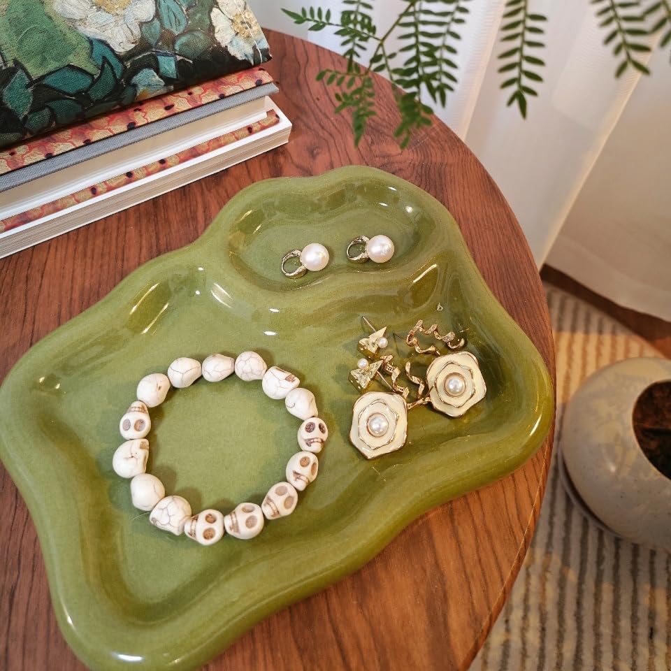Green Ceramic Jewelry Tray Dish Large-sized Display Organizer Trinket Watch Keys, Dressing Table Decor Aesthetic Dish Holder for Mother's Day/Christmas/Thanksgiving/Birthday Gift
