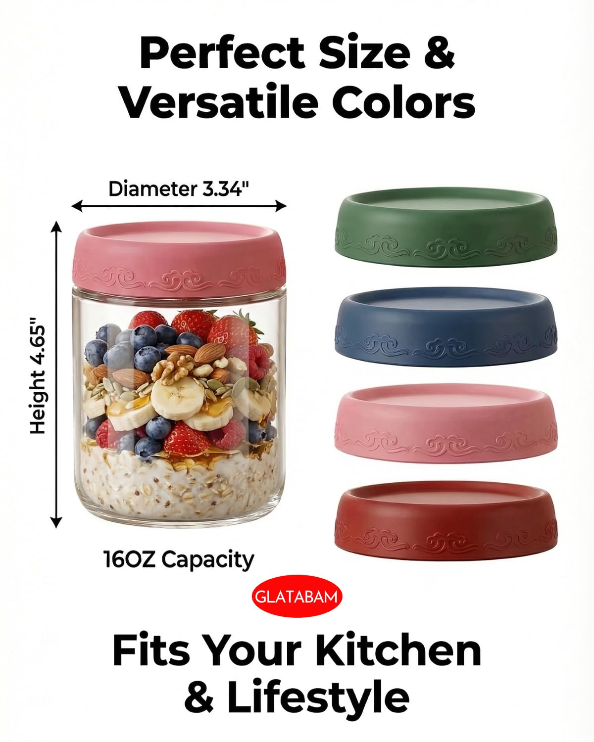 GLATABAM 16 OZ 4Pack, Overnight Oats Jars with Lids, Glass Meal Prep Containers, Airtight Mason Jars for Breakfast, Yogurt Parfait, Salad & Smoothies, Leakproof and Reusable Food Storage Jars(4-1)