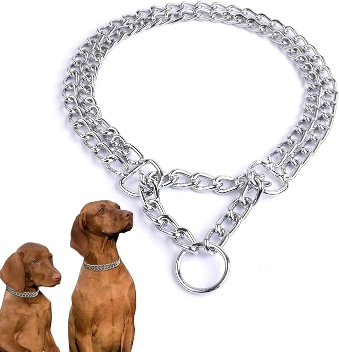 Silver Dog Choker Collar,2 Rows Stainless Steel Dog Chain Cuban Link Metal Martingale Collar Heavy Duty Training Choke Collar for Small Medium Large Big Breed (Silver, M(Neck Max 16inch) D2.5mm)