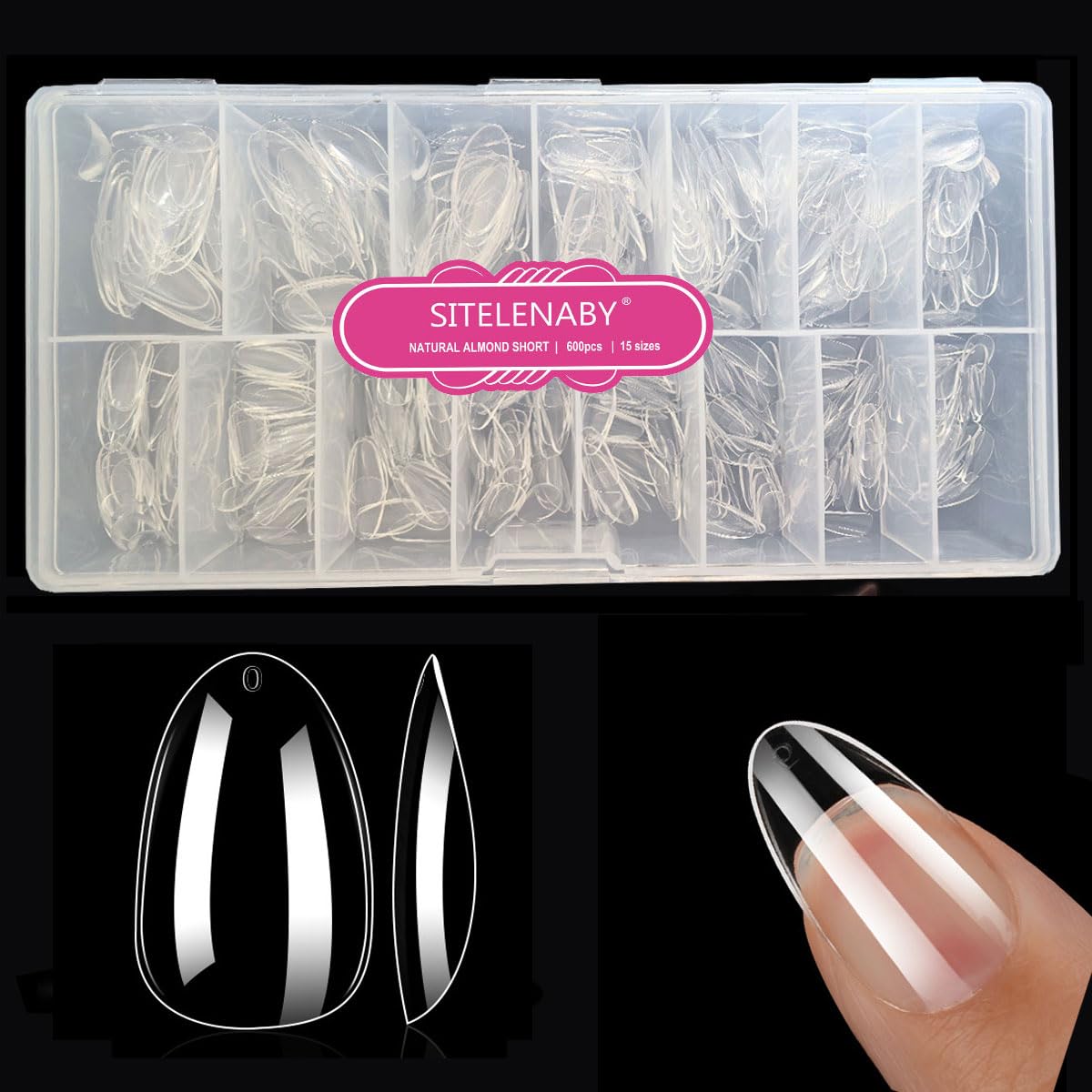 SITELENABY Thick Natural Almond Nail Tips,600PCS Soak Off Gel Fake Nail Extension Press on Nails,Full Cover False Nails Acrylic Nails 15 Size 00-13,Nail Art DIY