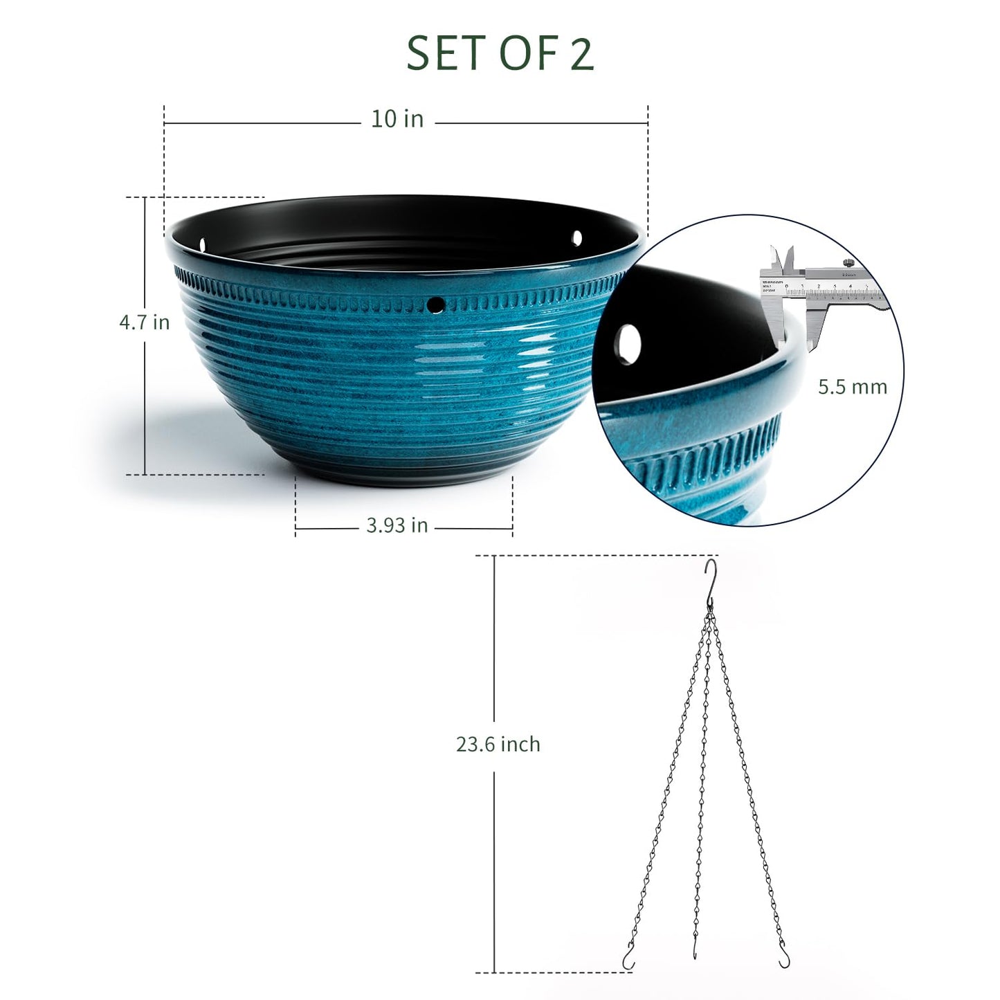 Vanslogreen 2 Pack Hanging Planters for Indoor Outdoor Plants, 10 Inch Hanging Planter with Drainage Hole & Plug Glazed Hanging Baskets Flower Pots for Garden Home (Blue)