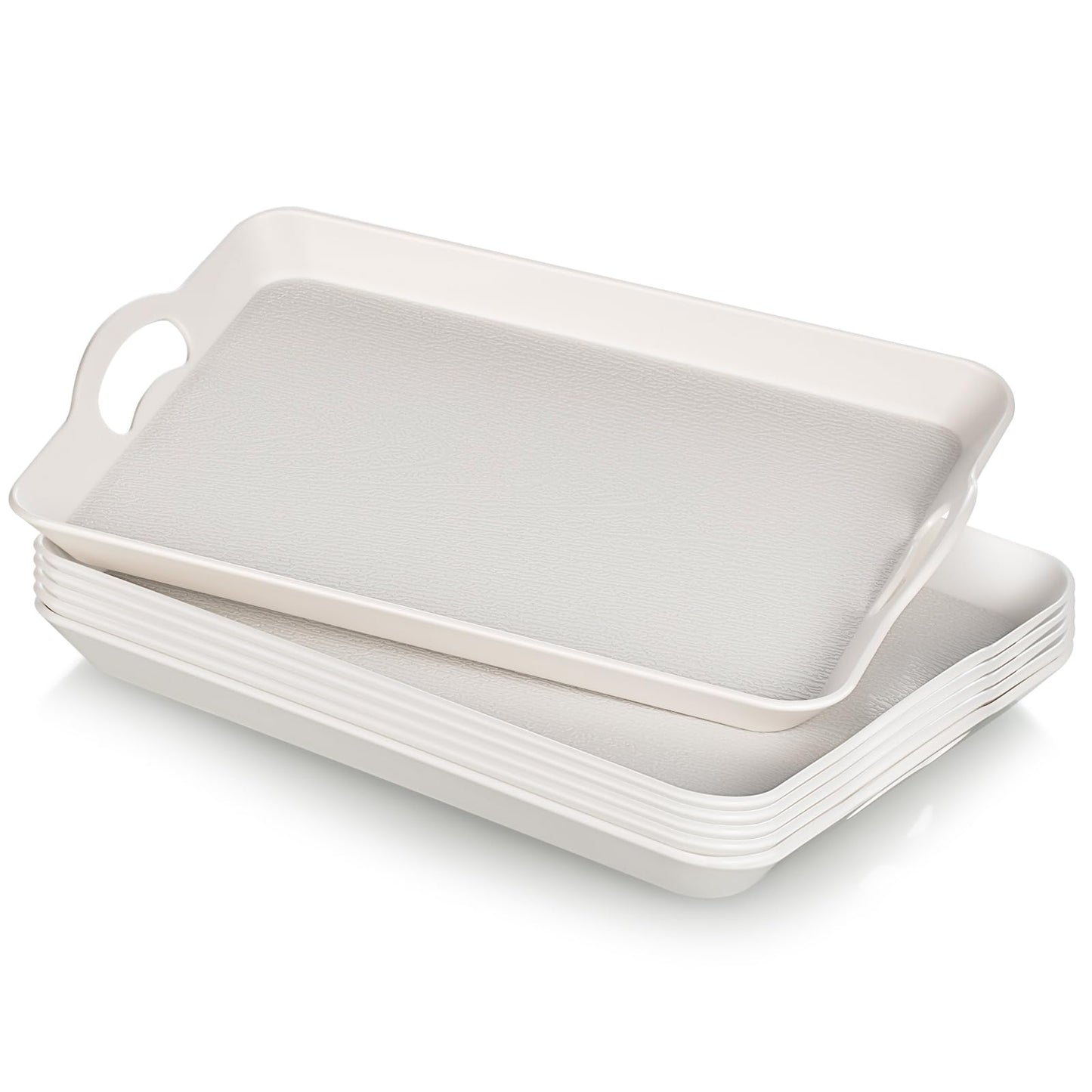 6 Pcs Serving Trays with Handles Trays for Eating 16 x 11 Inch Multi Purpose Plastic Tray Rectangular Anti Skid Decorative Food Tray for Restaurant Breakfast Countertop Party Kitchen (White)