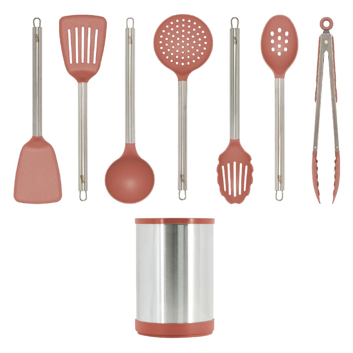 Glad Kitchen Utensils Set, 8pcs - Nonstick Cooking Tools with Stainless Steel Handles & Rotating Utensil Holder - Turners, Ladle, Spoon, Tongs, Spaghetti Server, and Skimmer - Dishwasher Safe, Rust