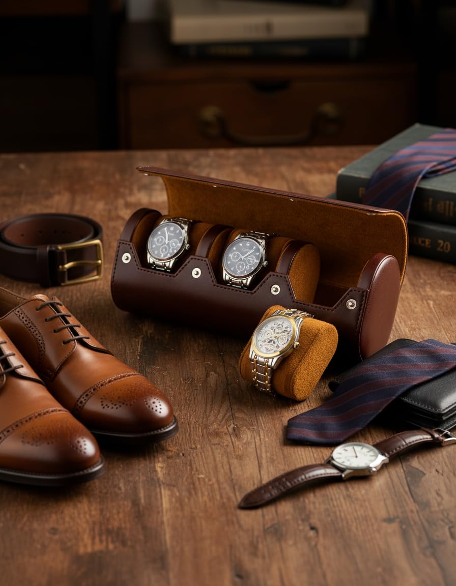 MR.OKAY 3 Watch Travel Case- Classic Leather Watch Case With Perfect Texture.Portable Watch Roll Or Organizer For Storage And Display. Luxury Gifts For Men, All Handmade by Artisans.