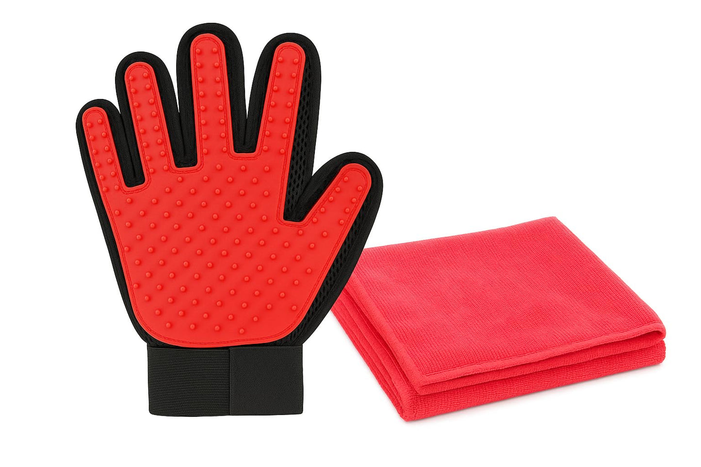Pet Grooming Set – Red Bath Glove + Microfiber Towel (2-Piece Dog & Cat Spa Bundle)