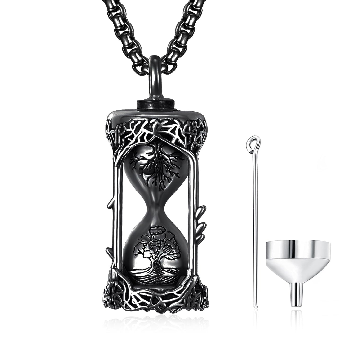 ADMETUS Tree of Life Hourglass Urn Necklaces for Ashes Black Cremation Jewelry for Ashes for Men Ash Keepsake Pendant Memorial Gifts