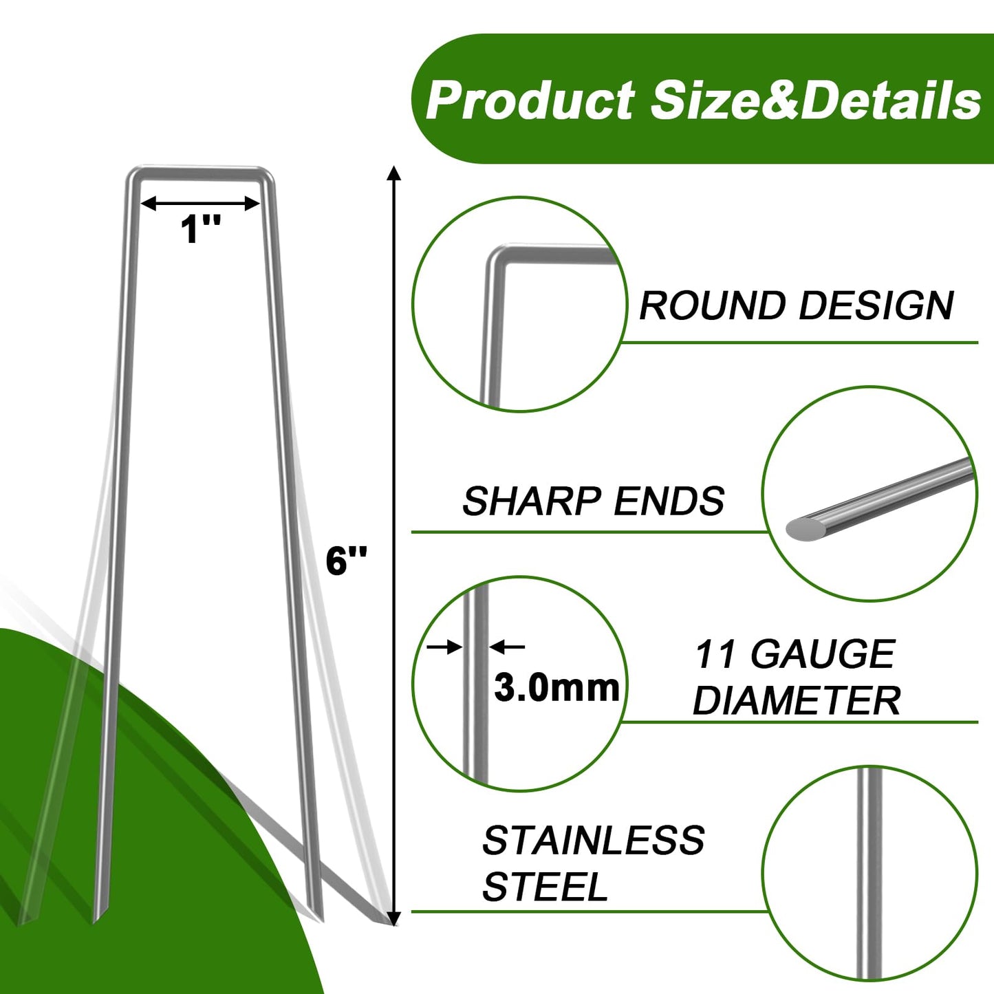 AAGUT 100 Pack 6 Inch Landscape Staples 11 Gauge Garden Staples, Galvanized Heavy Duty U-Shaped Sod Pins,Yard Ground Lawn Fence Stakes for Weed Barrier Fabric Irrigation Tubing