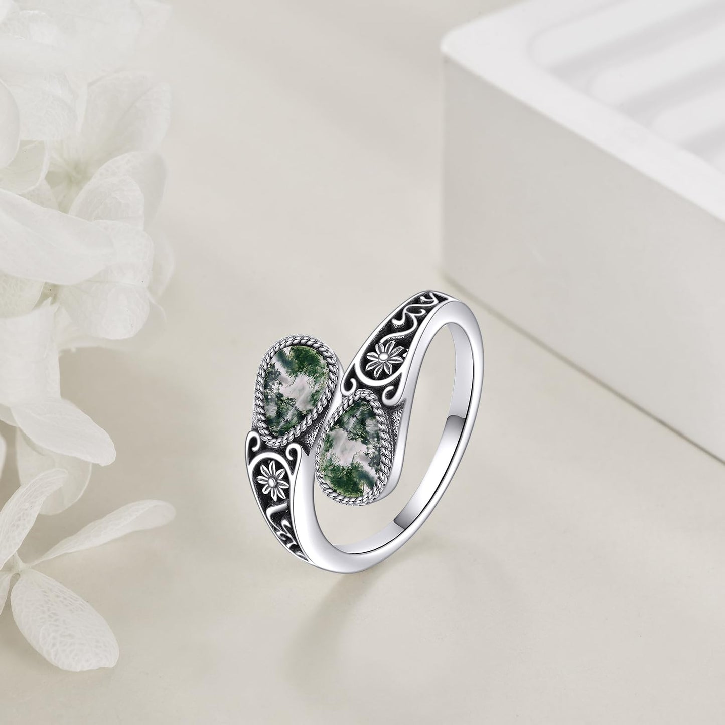 POPLYKE Sterling Silver Moss Agate Filigree Spoon Ring Vintage Thumb Rings Boho Adjustable Open Ring Statement Jewelry Gifts for Women